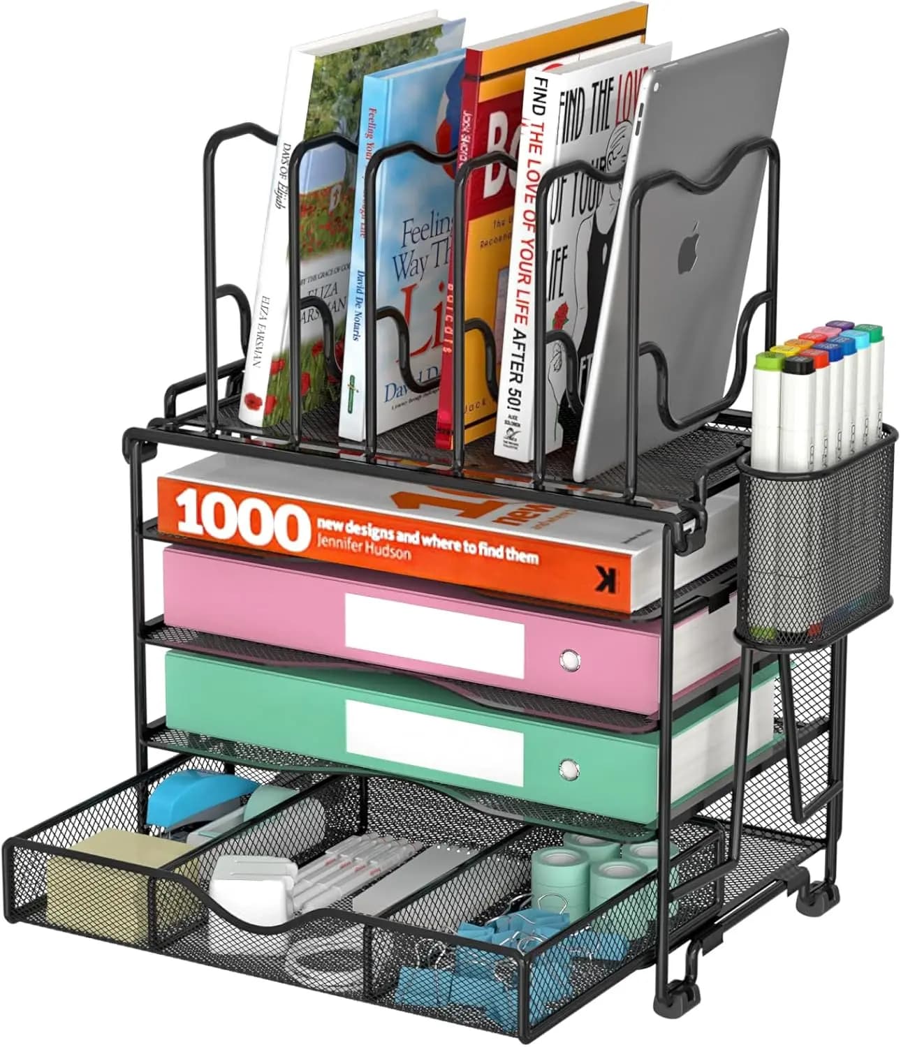 Organizer da scrivania in rete con 4 ripiani e 5 sezioni verticali, include cassetto scorrevole per un'efficiente organizzazione dell'ufficio