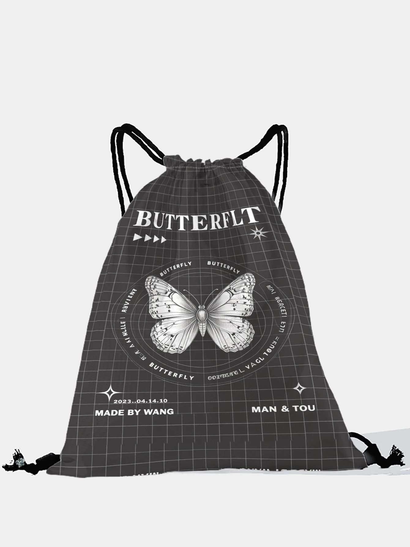 Zaino con coulisse con stampa di farfalle e testo, borsa sportiva leggera per palestra, yoga, viaggi, scuola, shopping e pendolarismo quotidiano