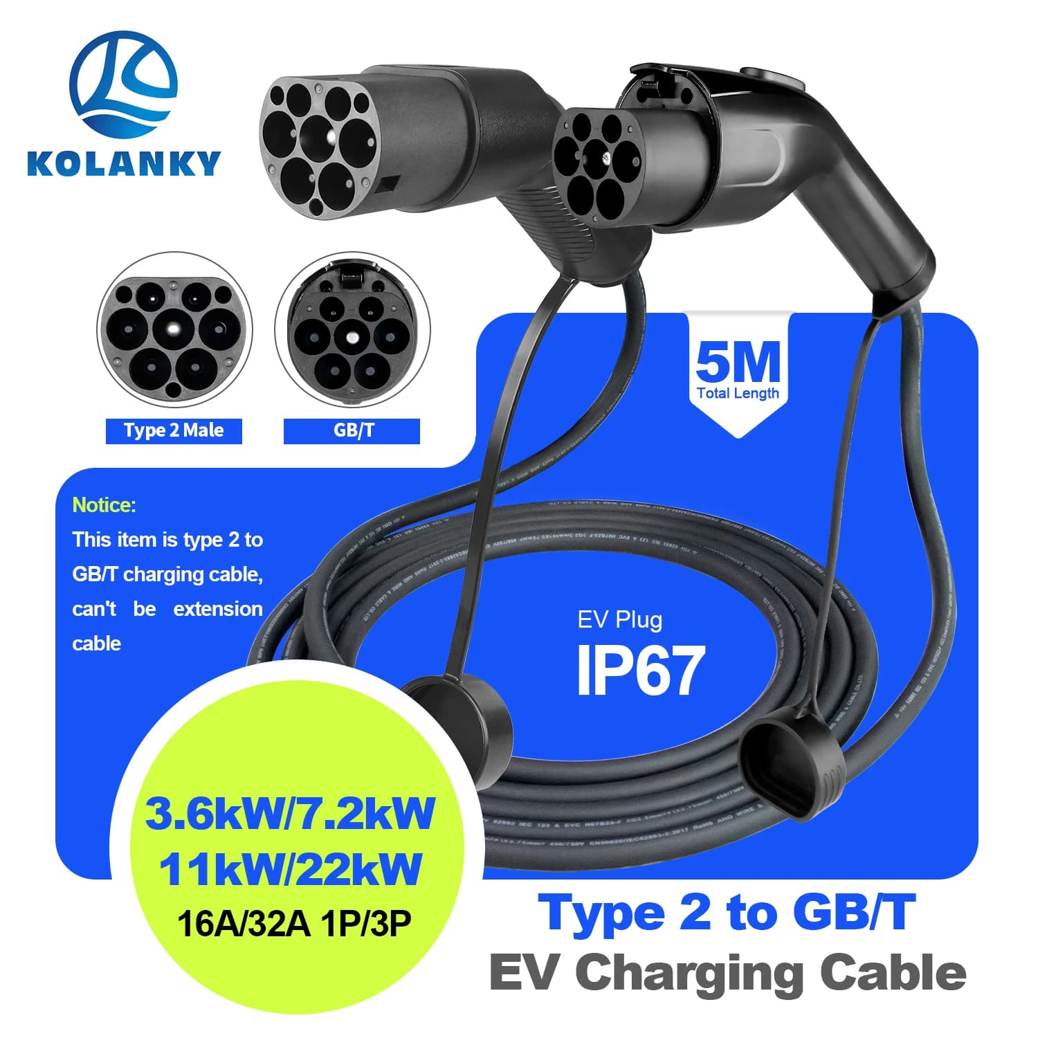 Kolanky EV Charging Cable Type2 Male Plug to GB/T Socket Car side 16A 3.6kW 32A 7.2kW 1P 11kW 22kW 3P for GBT Electric Vehicle