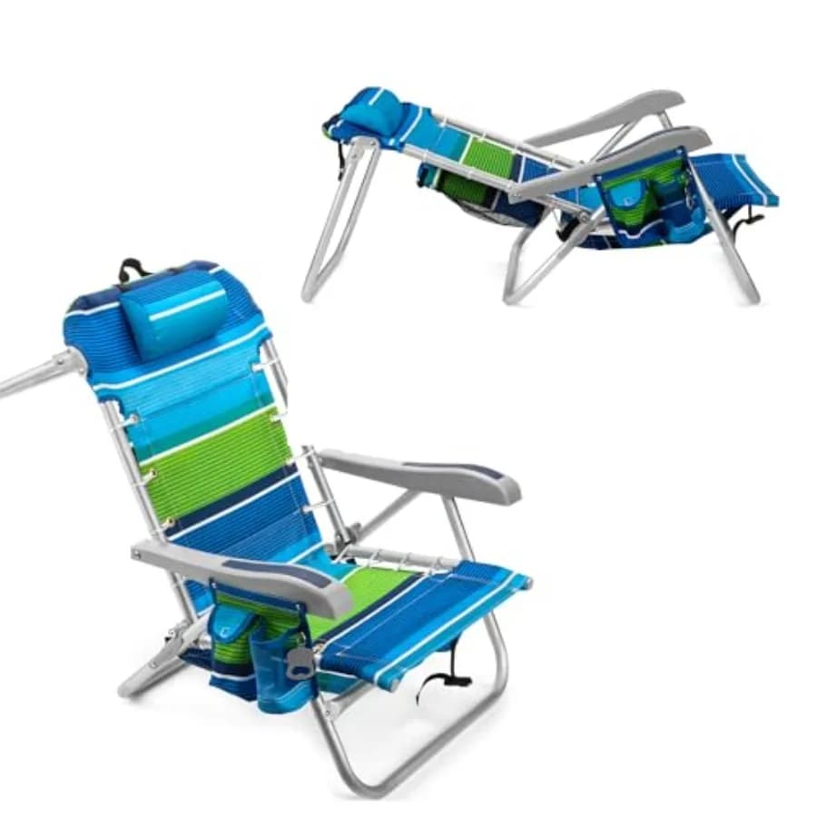 Sedia da Spiaggia Pieghevole con 5 Posizioni, Porta Asciugamani, Portaoggetti Refrigerante, Portabicchieri e Tasca per Telefono in Blu per Uso Esterno Resistente