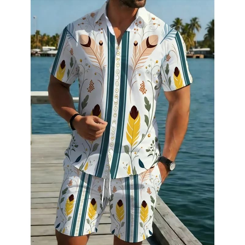 Mens 2 Piece Summer Outfit Hawaiian Shirt and Shorts Set Polyester Lightweight Beach Vacation Bright Leaf Pattern Comfortable