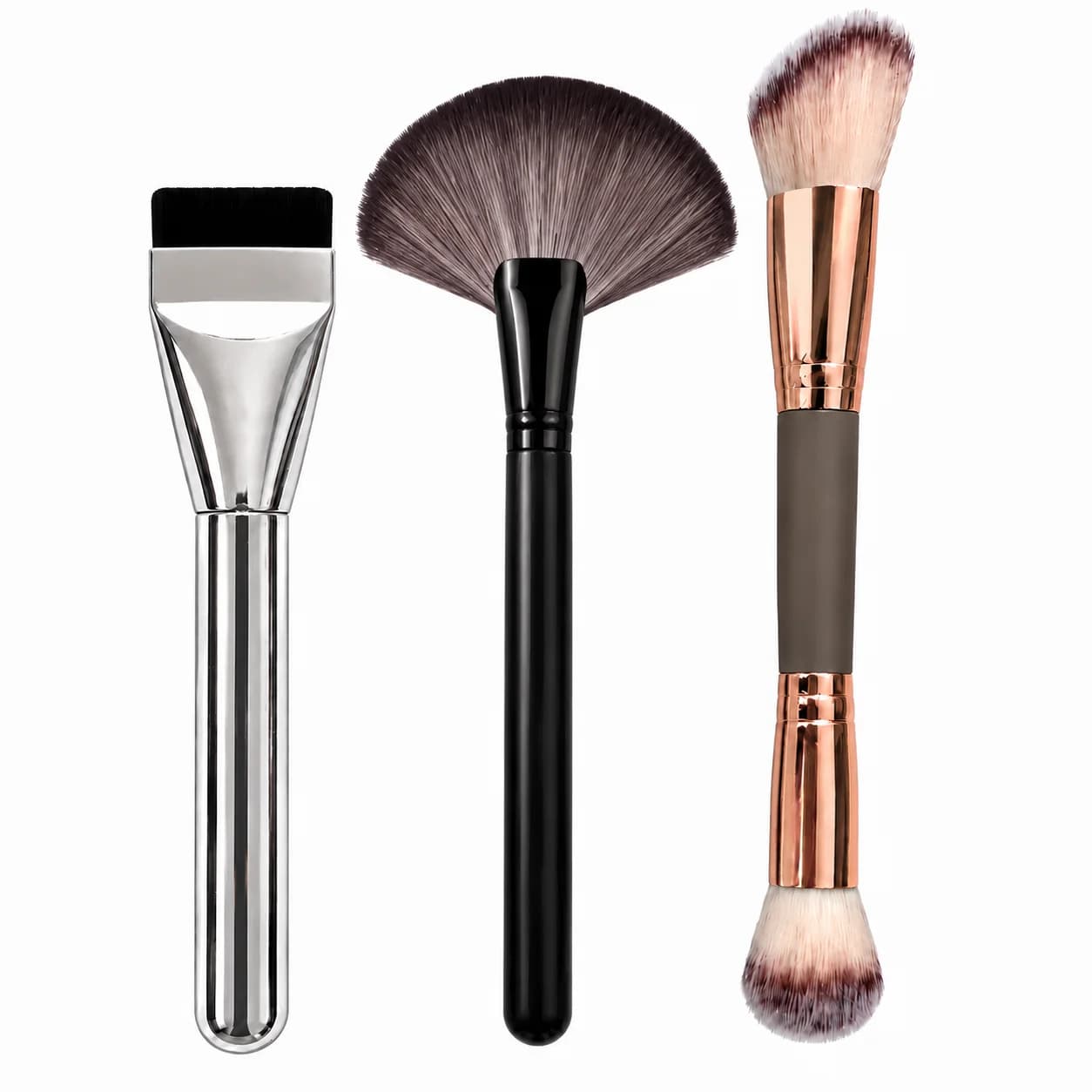 Collection of 3-piece makeup brushes: ultra-thin mask brush, large and soft fan brush, double-point cosmetic brush for an impeccable look