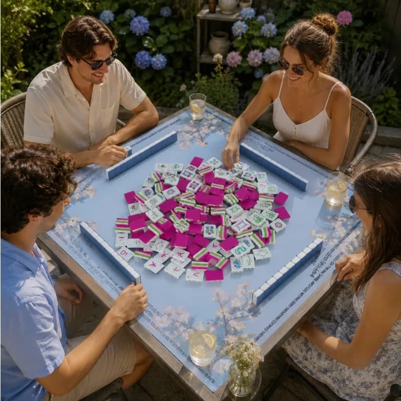 Acrylic 32mm 160 pieces, 4-layer engraved luxury mahjong tiles, cherry blossom blue pads, suitable for spring garden parties