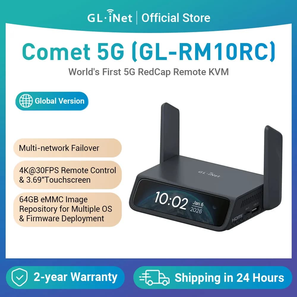 GL.iNet Comet 5G (GL-RM10RC) 5G Remote KVM with Failover, Pass-through HDMI 4K@30FPS, Wi-Fi 6 and Ethernet, 3.69''', 64GB Touchscreen