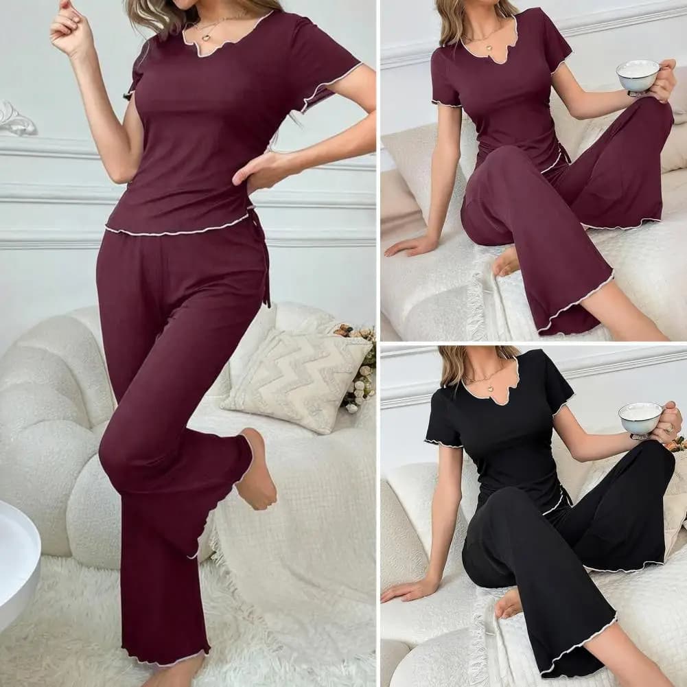 Two-piece Pajama Set Women Loungewear Set 2pcs Summer Women Pajama Set Slim Fit Short Sleeve V Neck Top Elastic Waist Long Pants