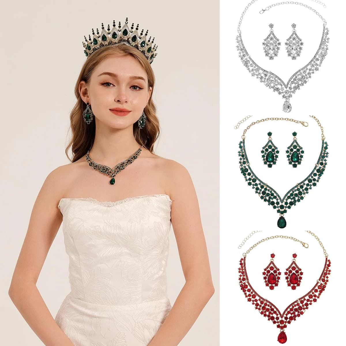 Fashion Bridal Crown Jewelry Set Baroque Large Rhinestone Tiara Fine Necklace And Earrings Wedding Dress Accessories Prom Part