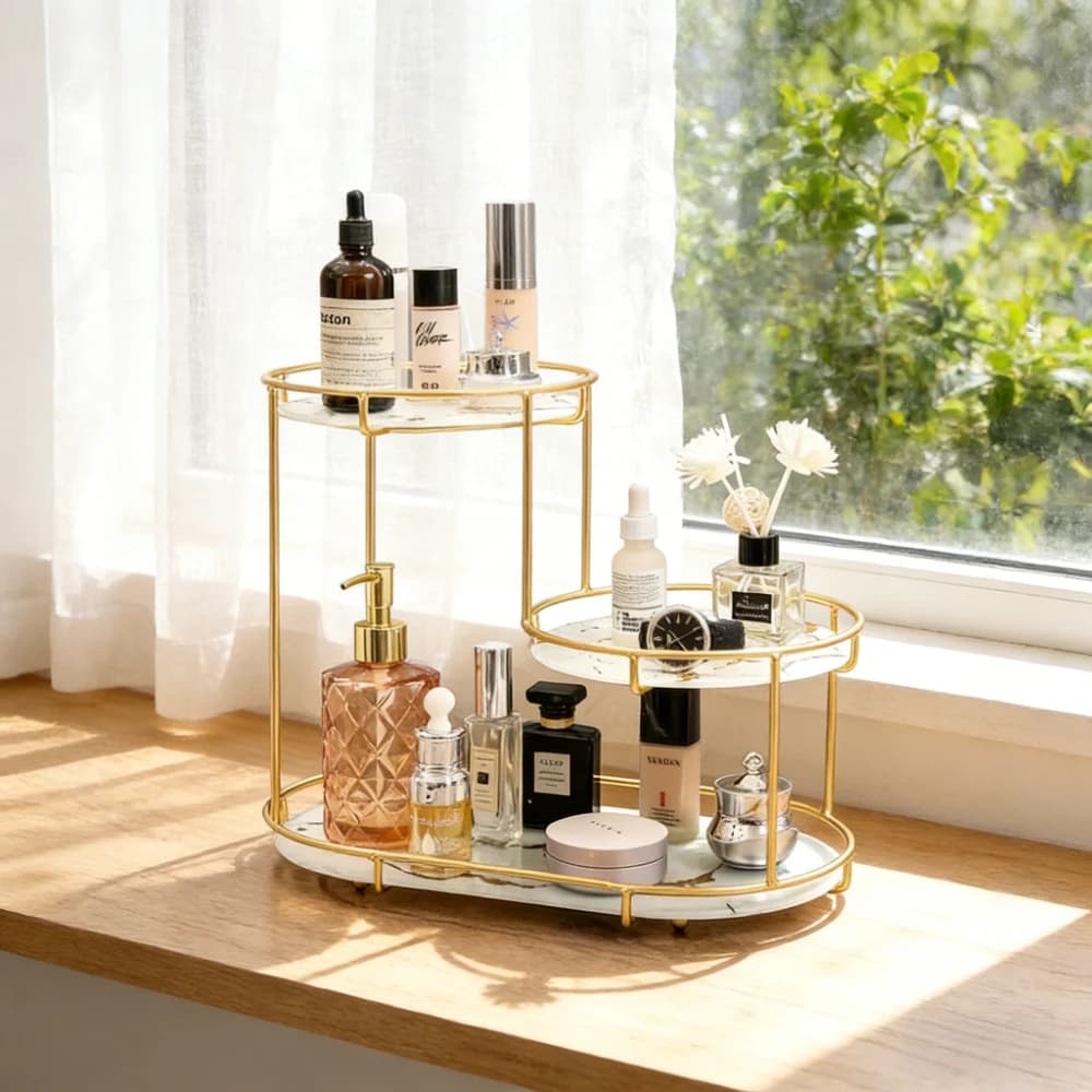 Portaoggetti in ferro per cosmetici con pannello UV, scaffale decorativo da tavolo per la cura della pelle e profumi