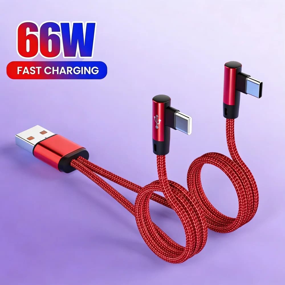 Cavo USB C da 66W 2 in 1 per ricarica rapida e trasferimento dati, compatibile con iPhone, Samsung, Xiaomi, Huawei, con connettore a gomito a 90 gradi.