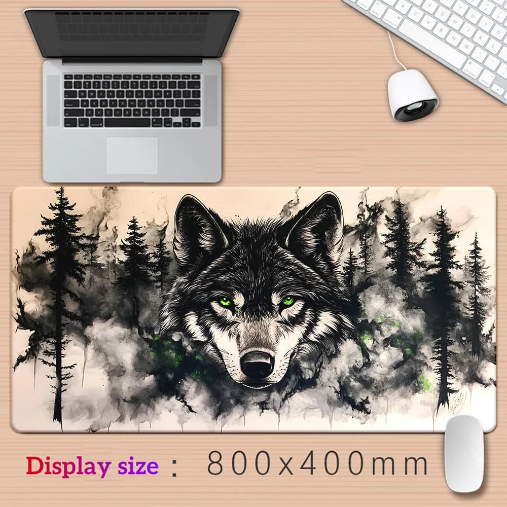Tappetino per mouse grande con lupo dagli occhi verdi in stile inchiostro a sbozzetti, tappetino da scrivania esteso con fauna selvatica della foresta, decorazione per ufficio e gaming 800x400mm