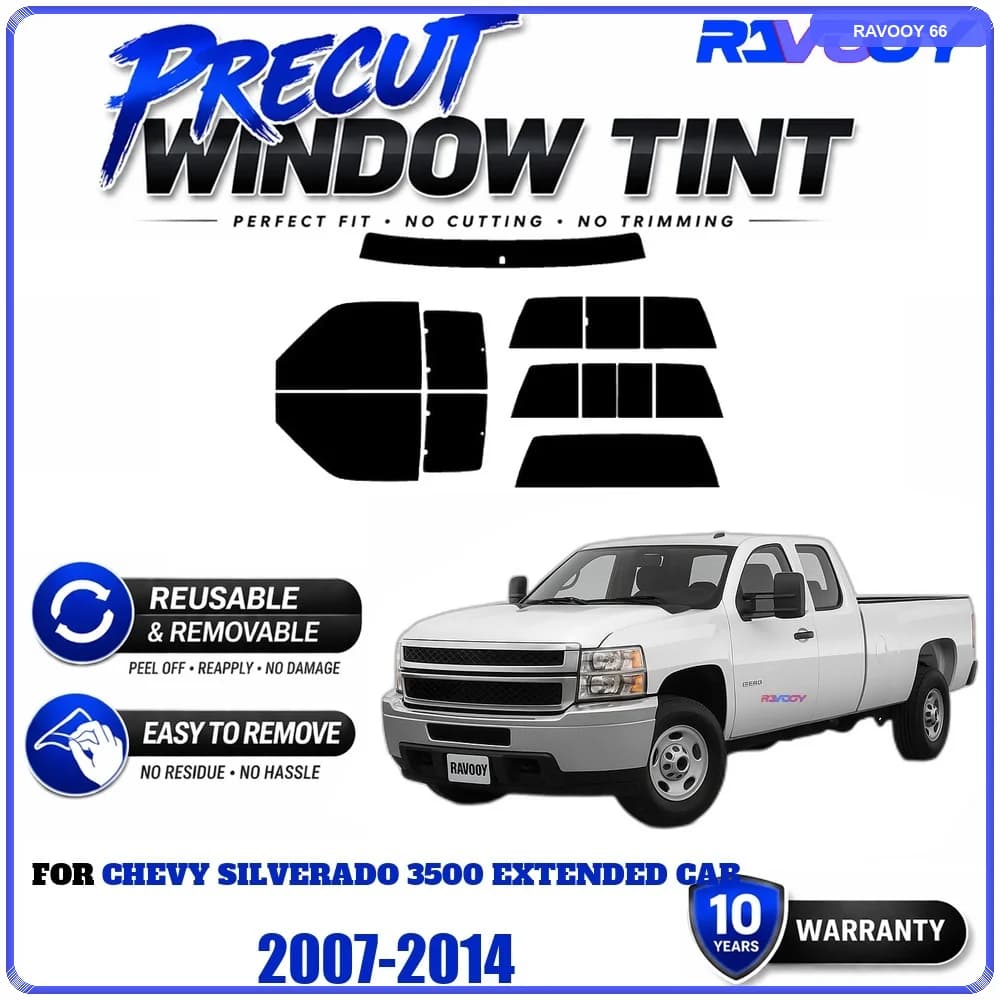 Precut Window Tint, Reusable Removable EPU Film, Custom Fit for Chevy Silverado 3500 Extended Cab 2007-2014, UV Heat Protection