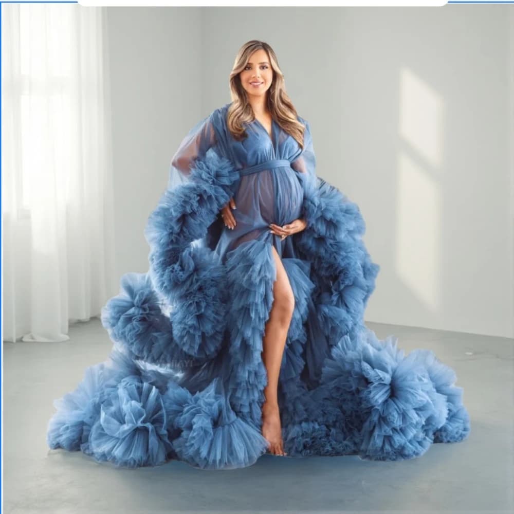 Fluffy Women's Prom Dresses Customized Robe Baby Shower Bride Sleepwear Nightwear Extra Ruffles Pregnant Photoshoot Gown custom
