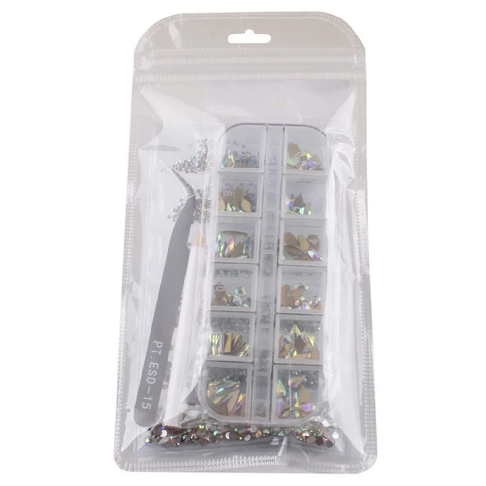 Set per Nail Art con Cristalli Irregolari, Diamanti, Strass Rotondi, Pinzette Curve Nere, Penna per Puntini in Cera e Strumenti Vari