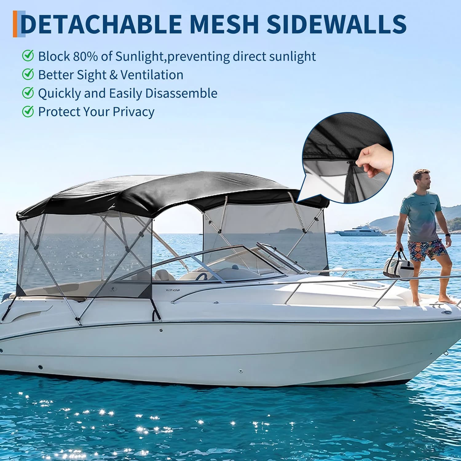 600D Marine Grade Global 4 Bow Bimini Top Replacement Canvas for Boats - Waterproof Sun Shade Canopy - Mesh Side Curtain - Storage Boot - No Frame