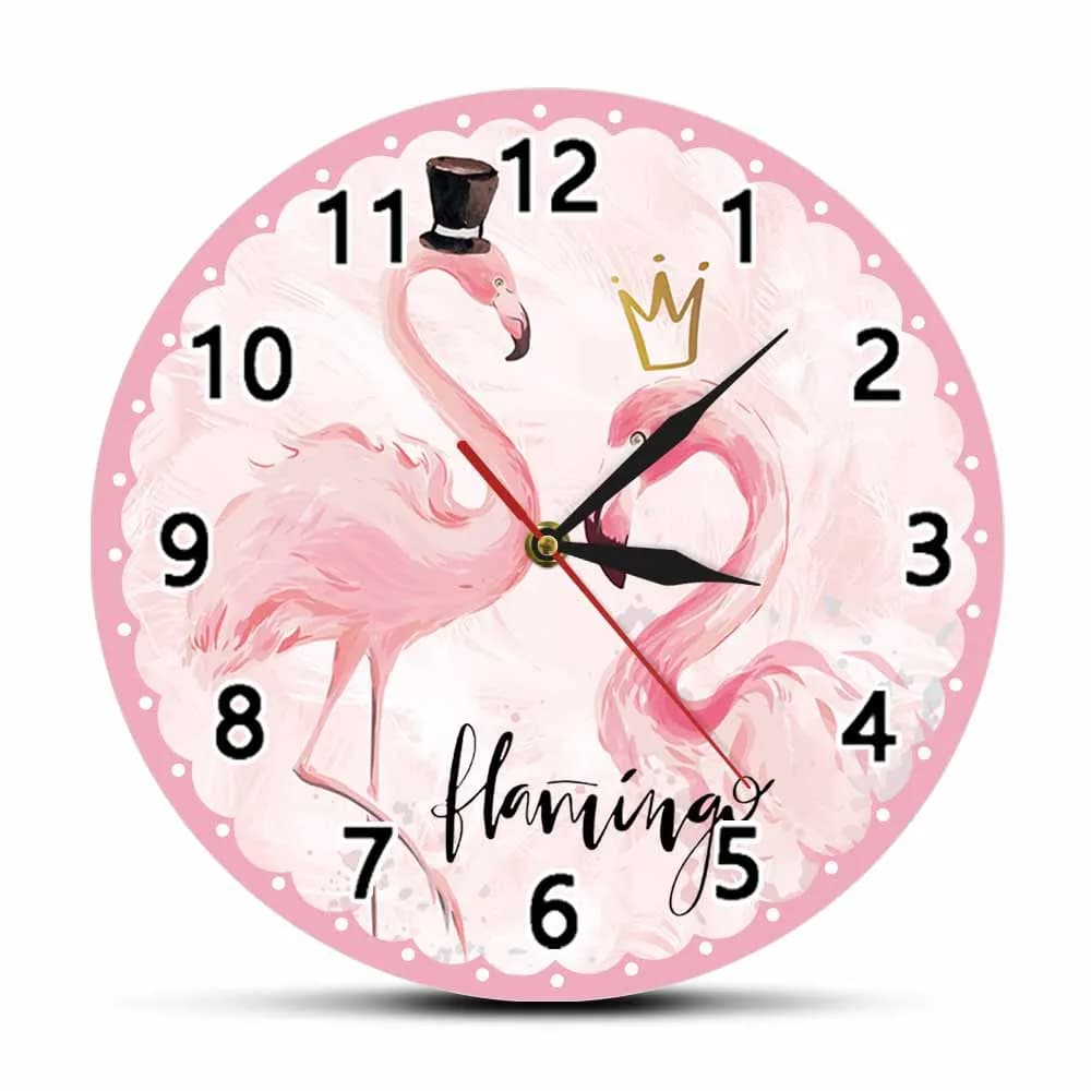 Pink flamingo with wreath wall watch from modern design for princess girl bedroom wildlife print animal lover bird watch