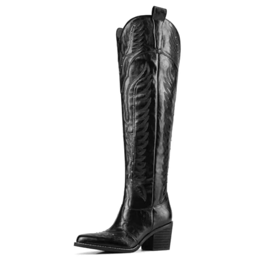 Stivali da cowboy da donna ricamati, sopra il ginocchio, stivali western a gamba larga con tacco grosso e punta affusolata, stivali da equitazione alti fino alla coscia