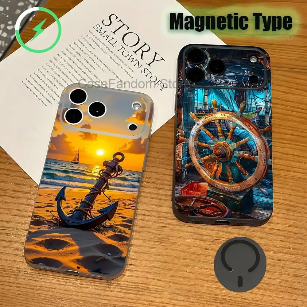 Custodia per iPhone 17, 16, 15, 14, 13, 12, 11, Pro, Max, Plus con design Ancora, Barca e Timone, grigio trasparente, con ricarica wireless magnetica