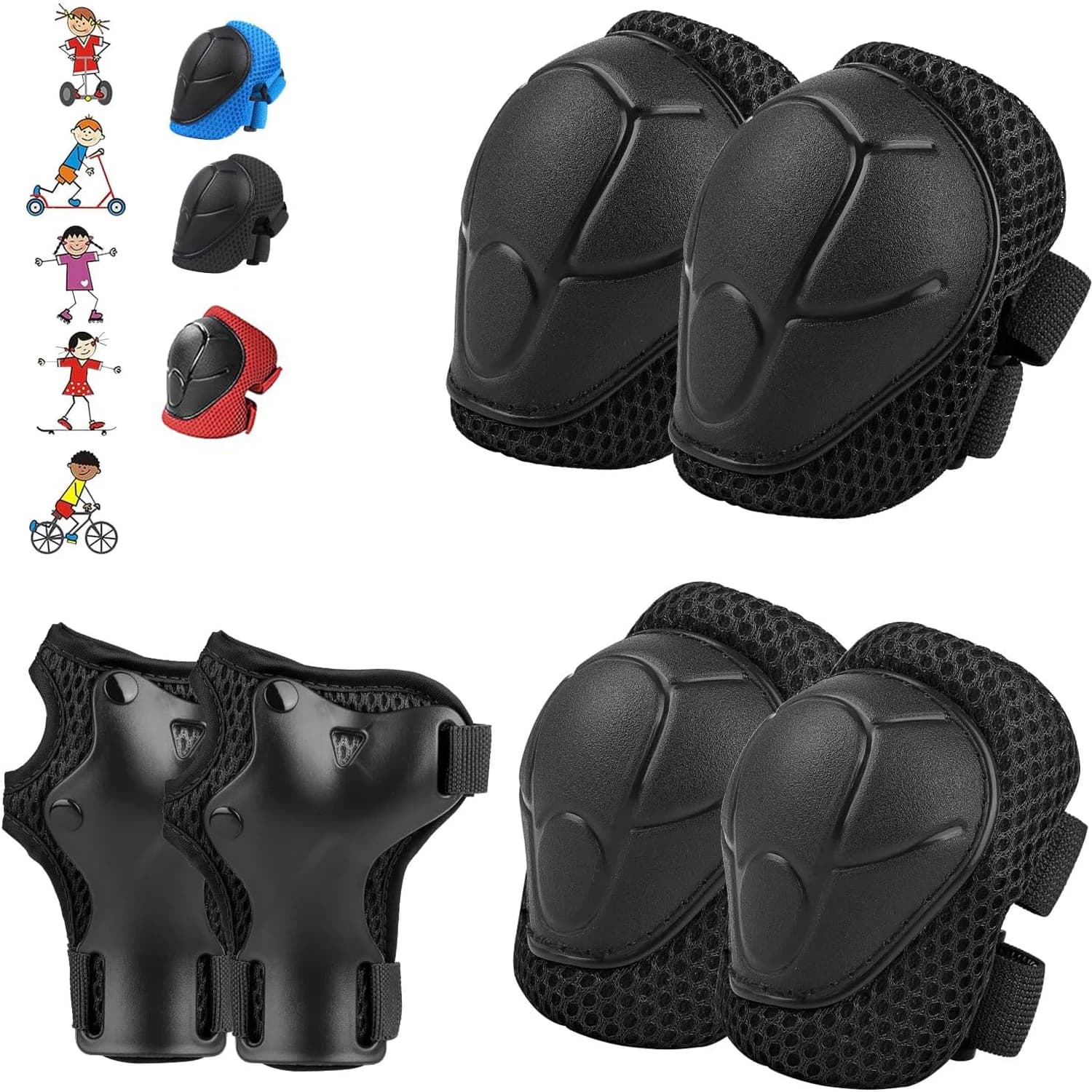 Set di equipaggiamento protettivo per bambini da 6 pezzi per 3-14 anni, ginocchiere, gomitiere e protezioni per i polsi per pattinaggio, ciclismo, scooter, rollerblading