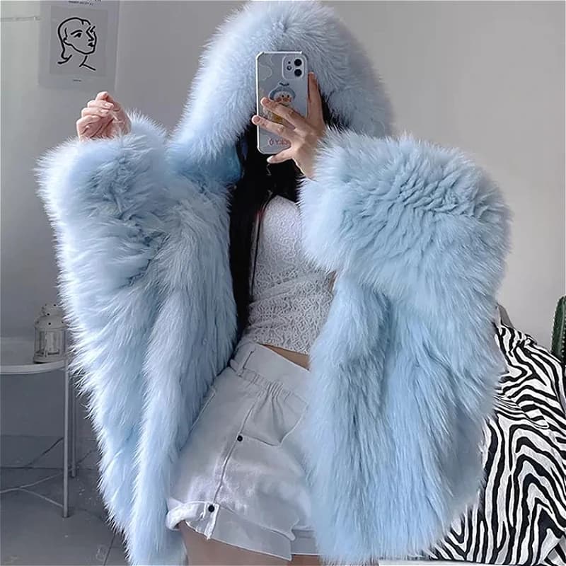 Fur coats of synthetic fox Fur jackets medium length blue with hood long sleeves thick warm fur fit wide casual 2025 autumn winter