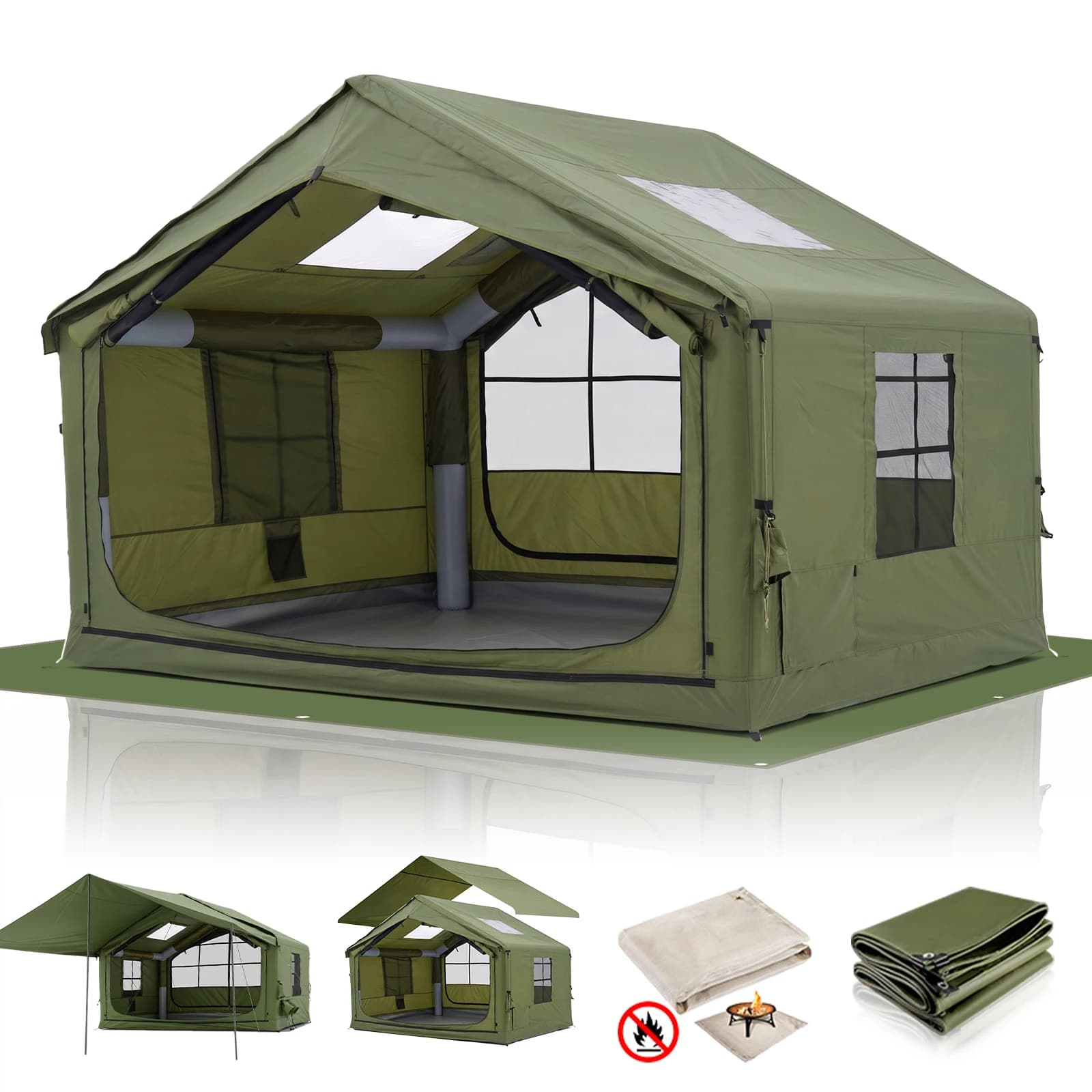 SENLEETO 3-4 Person Inflatable Camping Tent Set for Family with Waterproof Canopy/Rain fly,Easy Setup Blow up Tent with Skylight&Mesh Window,Outdoor Camping Tent House with Stove Jack AC Vent