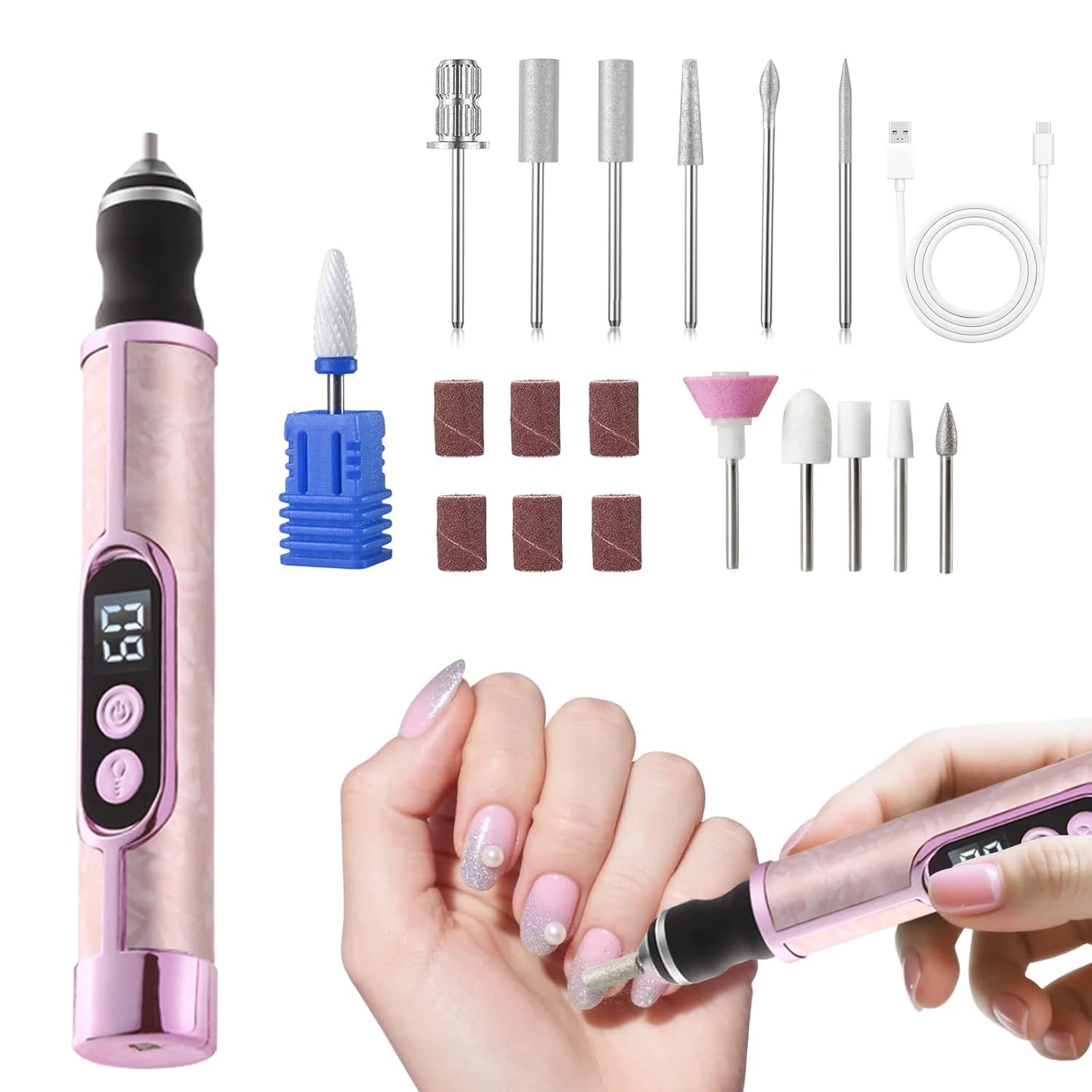 Kit Trapano per Unghie Elettrico Ricaricabile a 5 Livelli, Lima Portatile per Unghie in Gel con 6 Anelli Abrasivi