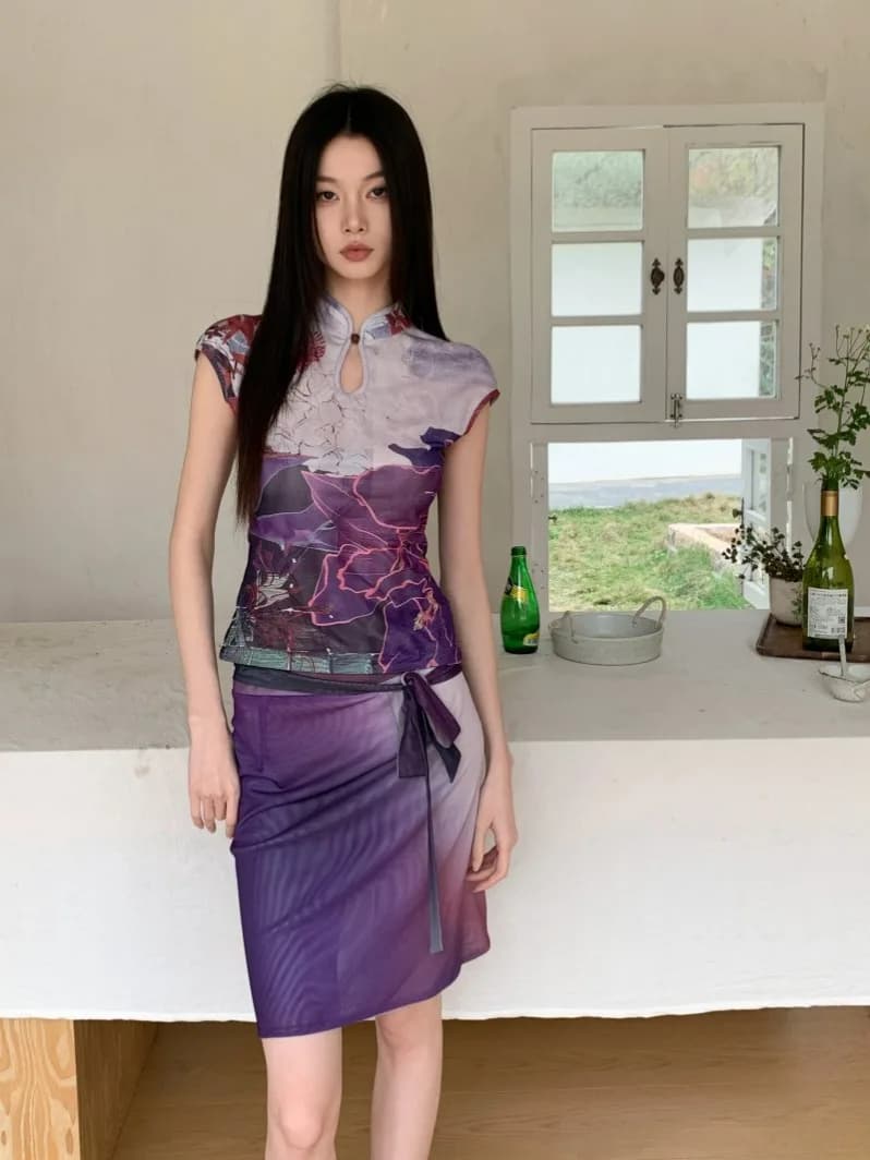 New Chinese Style Double-Sided Wear Floral Net Flag Dress Top Women One-Piece Petal Skirt Various Ways to Wear Retro Set Dress