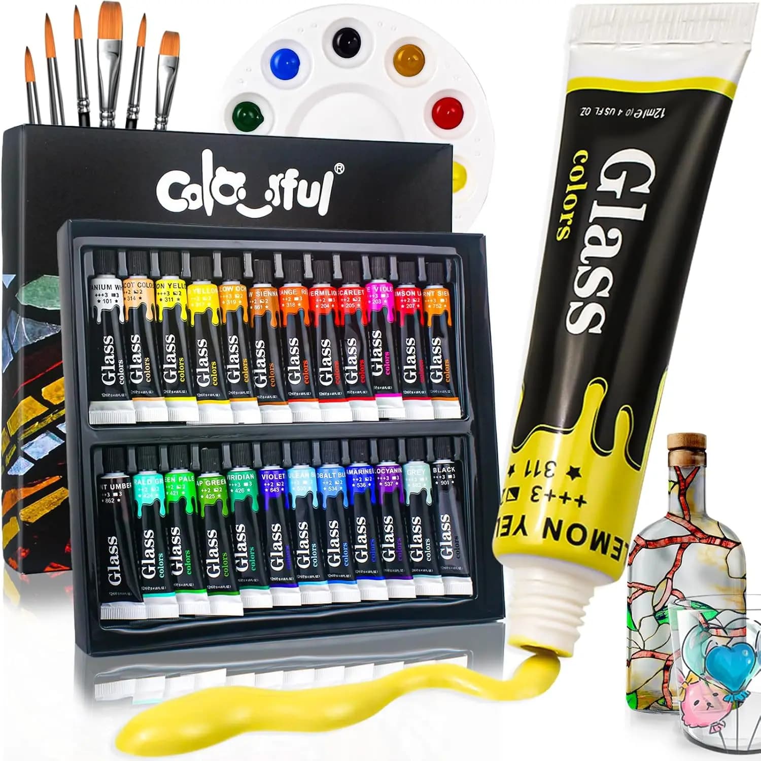 Set di colori per vetro acrilico con 6 pennelli, 1 tavolozza, 12/24 colori 12 ml, colori per vetro colorato per bicchiere da vino, vernice acrilica impermeabile