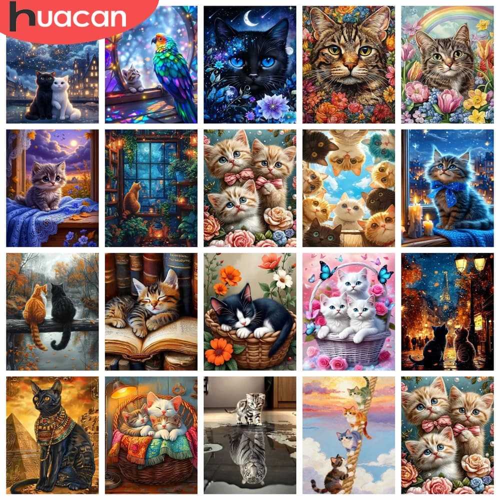 HUACAN 5D DIY Mosaico Diamantato Gatto Fiore Animale Pittura Diamantata Completa con Diamanti Quadrati e Rotondi Fatti a Mano Decorazione Artistica per la Casa