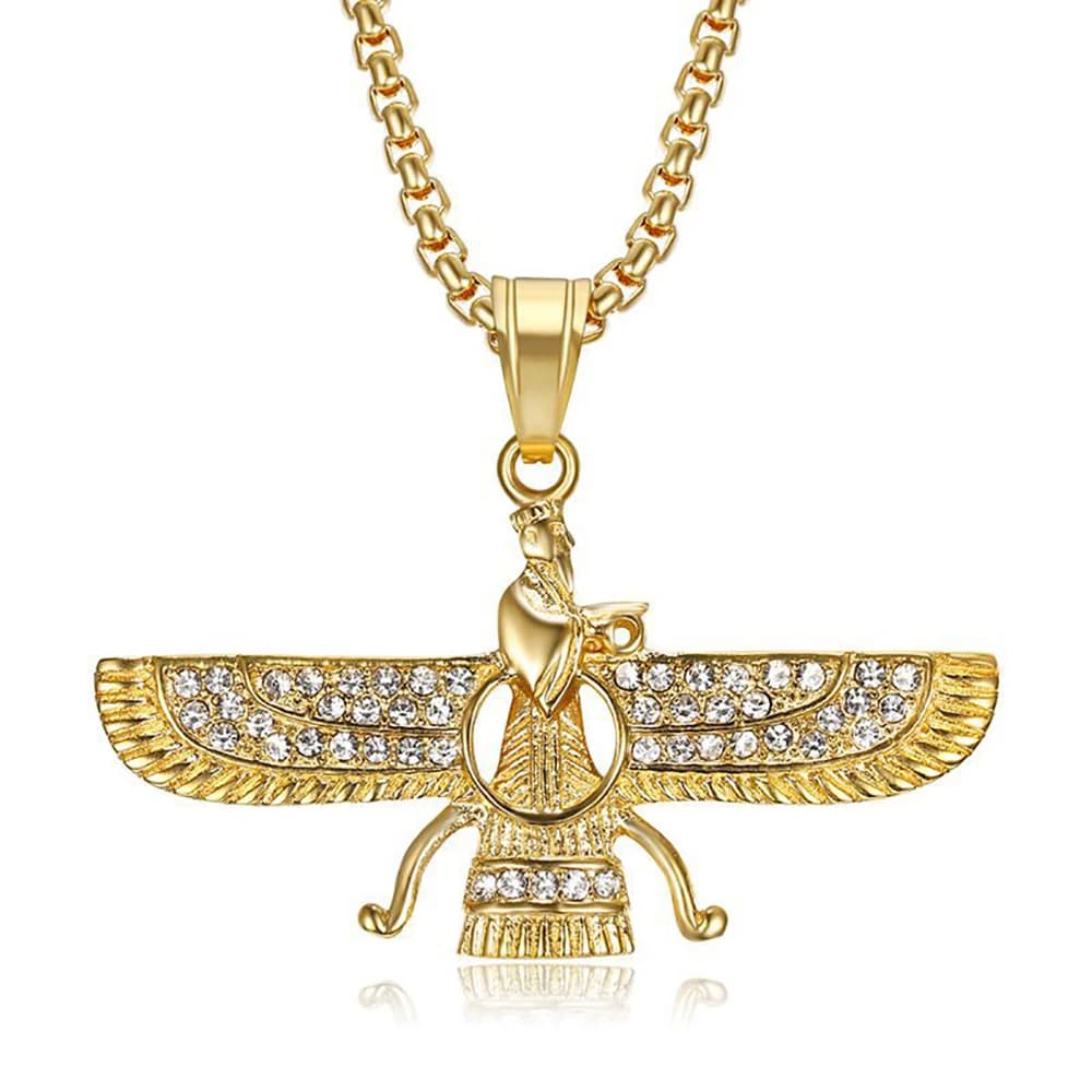 Stainless Steel Iran Faravahar Ahura Mazda Gold Color Pendant Zooroastrian Necklace for Men Woman Hip Hop Iced Out Gift Jewelry