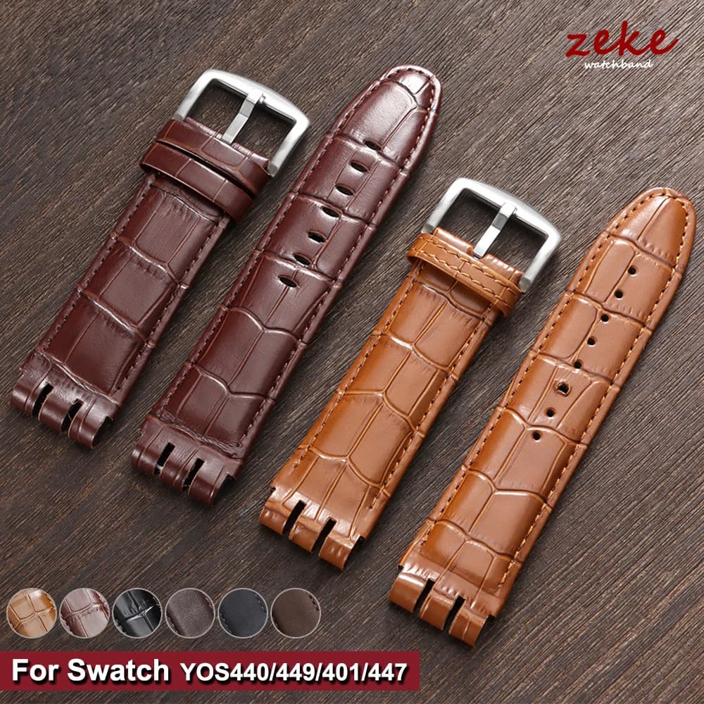 Cinturino per Orologio in Pelle di Vacchetta per Swatch YOS440 449 401 447, Nero o Marrone Opaco, Cinturini in Vera Pelle, Bracciale Sportivo da Uomo con Goffratura Bamboo