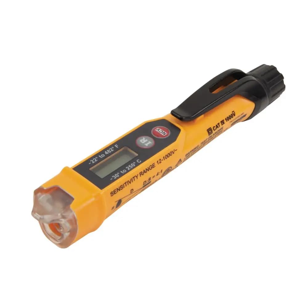 Contactless Voltage Tester with IR Thermometer, AC 12-1000V Detection, LED Alarms and Sounds, Pocket Clip