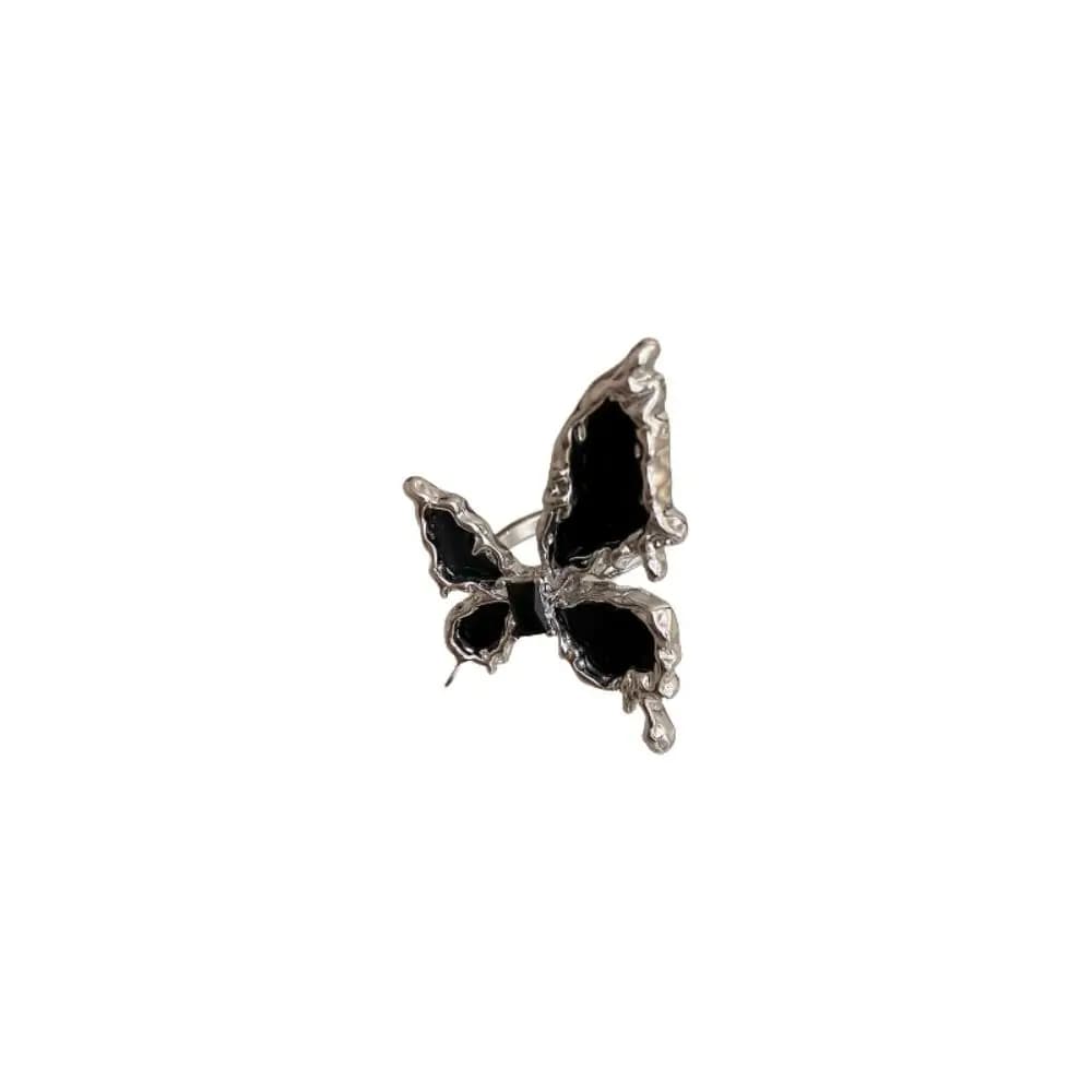 Anello da dito regolabile punk con farfalla nera, stile esagerato, alla moda, gotico, apribile, da donna