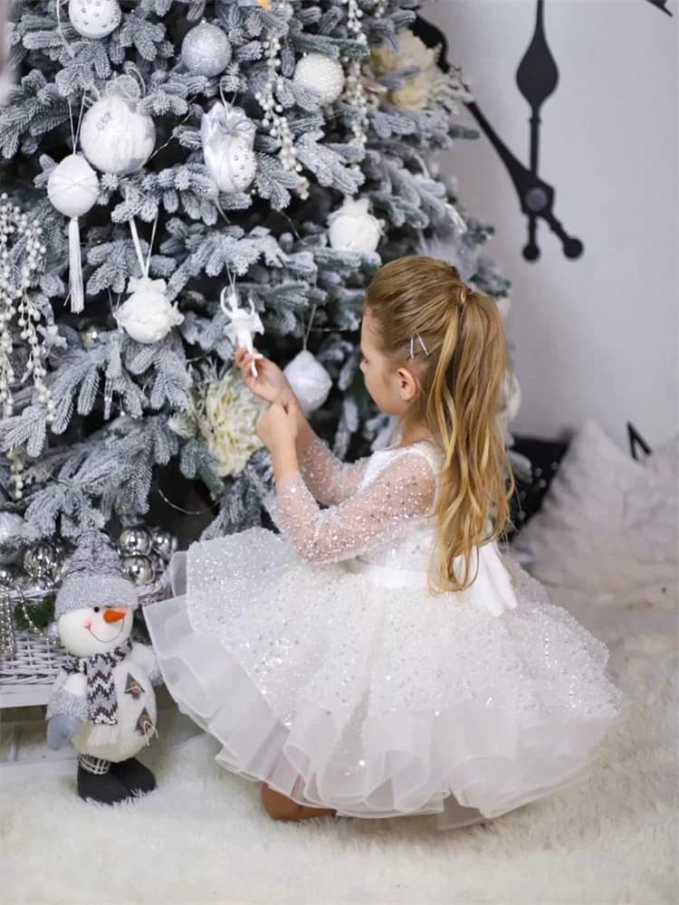 Abito da ragazza di fiore scintillante per matrimonio Tulle con paillettes gonfie Principessa Festa di compleanno per bambini Abiti da ballo per prima comunione personalizzati