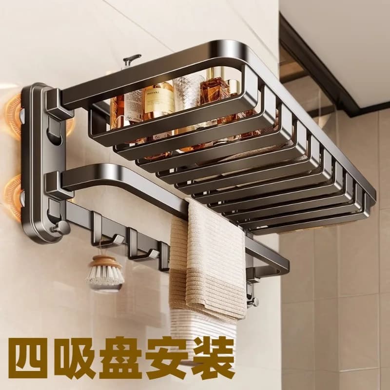 No Drill Foldable Bathroom Towel Rack Four Suction Cups Two Tier Steel Mesh Basket Wall Mounted Organizer Hooks Compact Shower