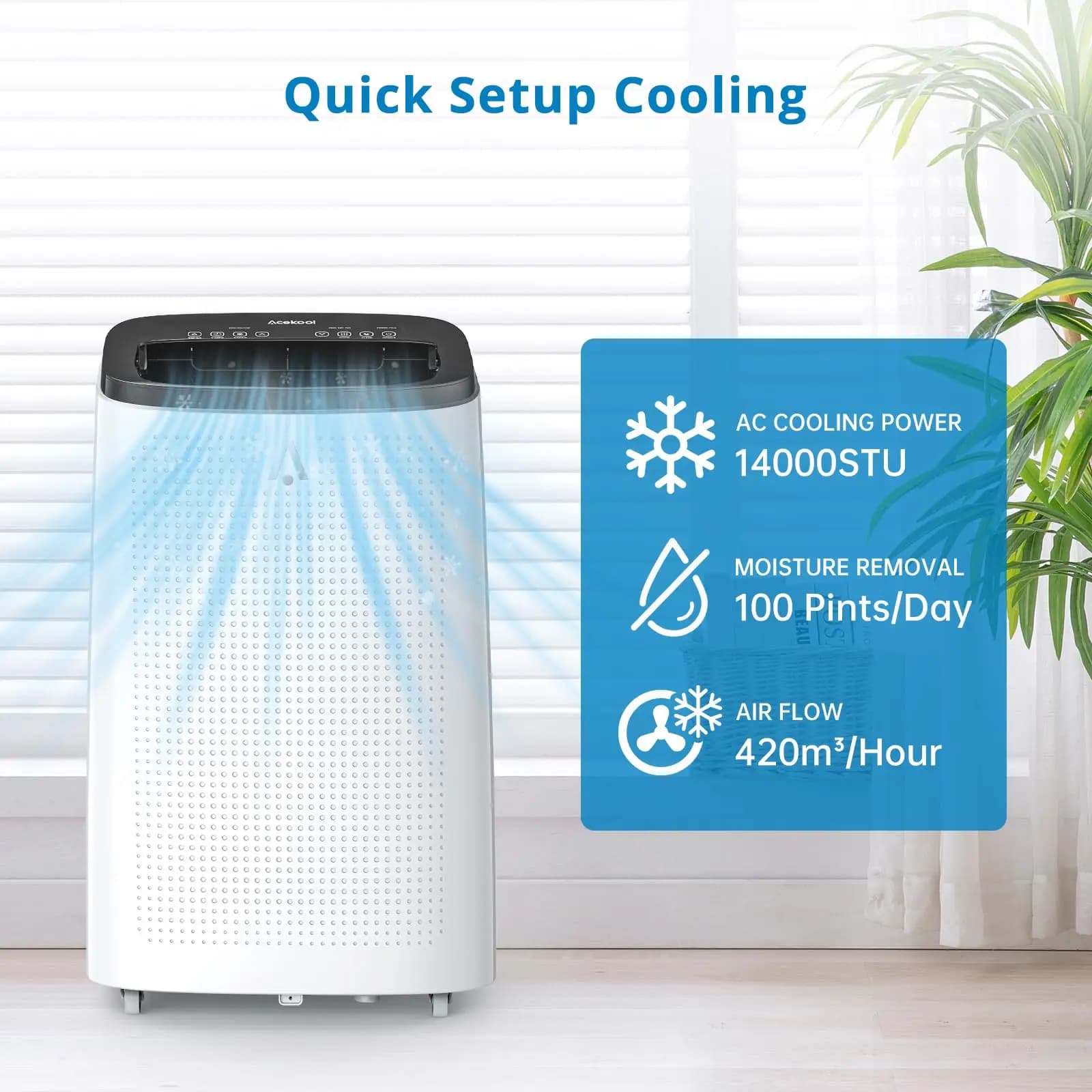 Condizionatore d'Aria Portatile 14000 BTU 3-in-1 per Grandi Ambienti, Unità AC con Deumidificatore, Ventilatore, Kit per Finestra, Telecomando Incluso, Raffrescatore per Camera da Letto