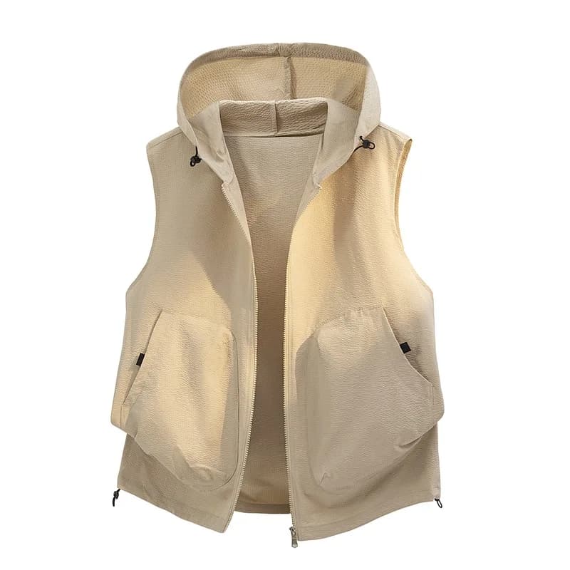 Gilet con cappuccio da uomo, casual, leggero, traspirante, senza maniche, con cappuccio, stile safari estivo, con tasche, per escursionismo e campeggio