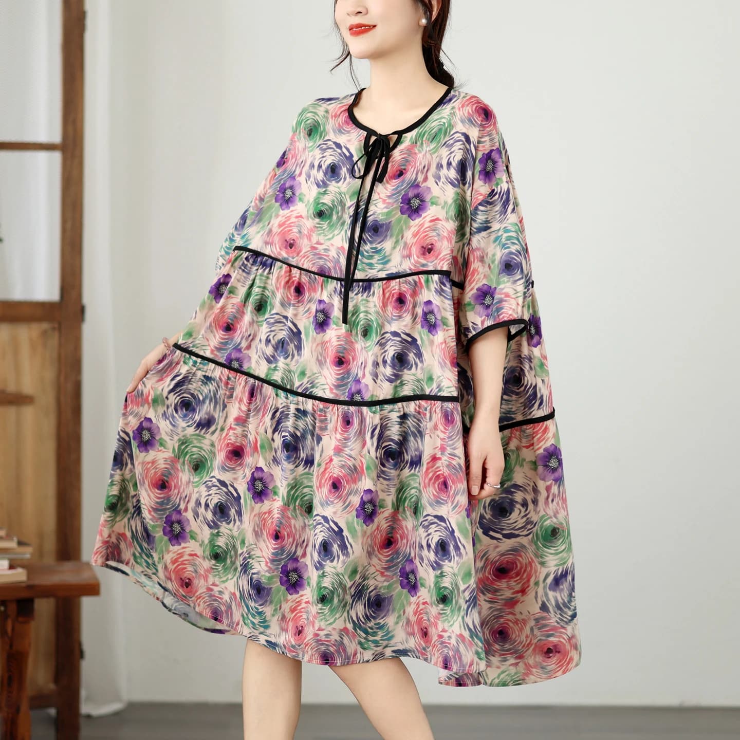 Summer New plus Size Printed Loose Dress with Rope Tied Neck Artistic Style High Waist Cotton Blend Women's Fashion Dress