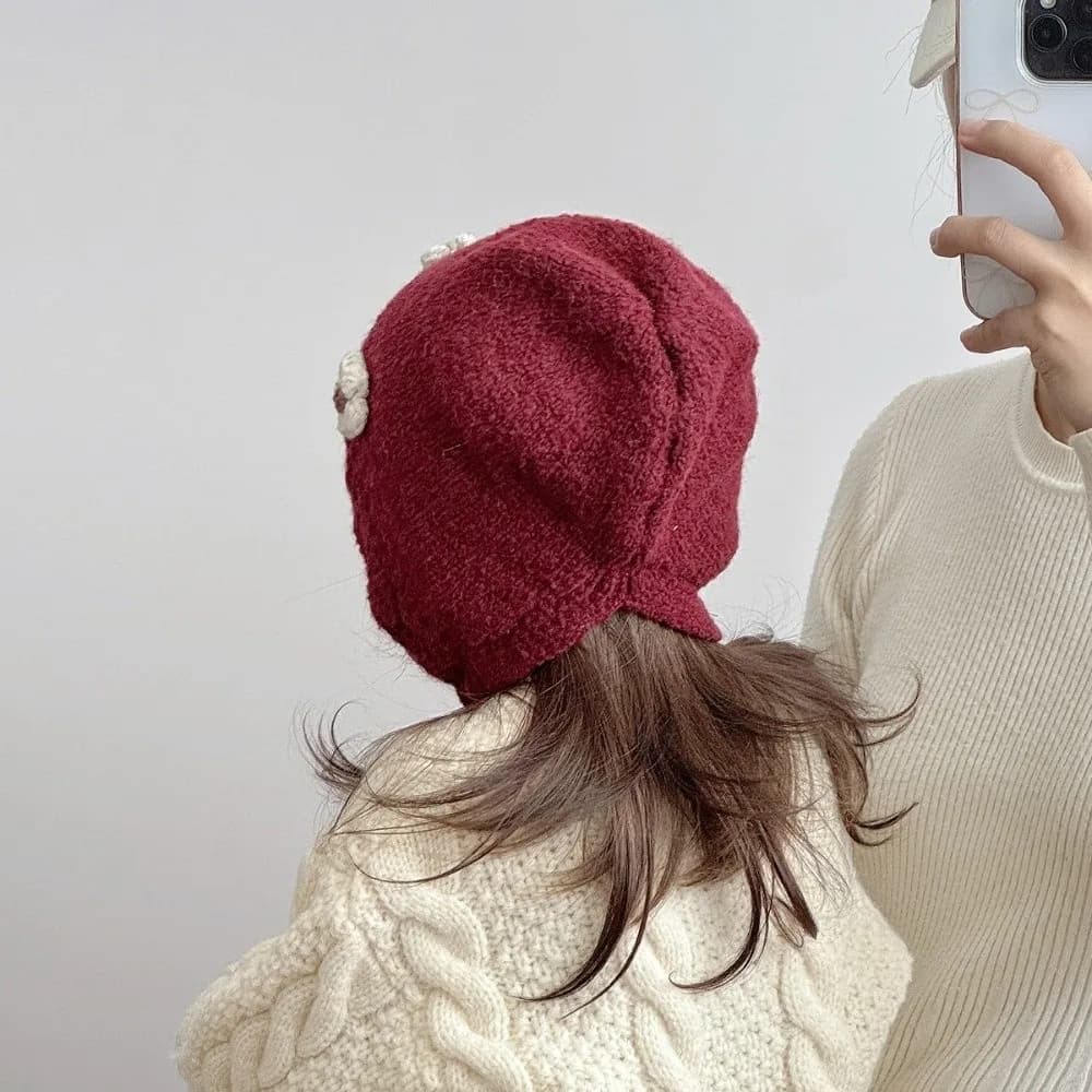 New Windproof Pullover Cap Pompom Knitted Flower Beanie Hat Coldproof Lei Feng Hat Autumn and Winter