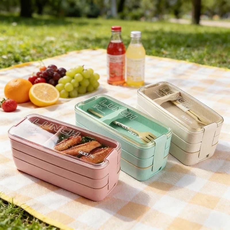 Set di Contenitori per Pranzo 3 in 1 in Paglia di Grano, Riutilizzabili e Portatili, con Scomparti per Pasti e Snack