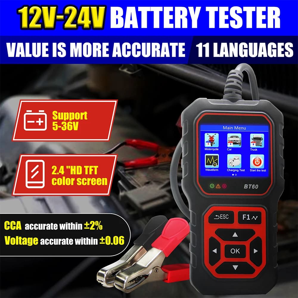 12V/24V BT60 Tester batteria per auto Analizzatore batteria automatico digitale Tester di avviamento di ricarica per auto camion moto veicolo RV