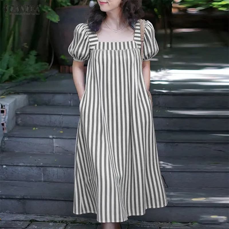 ZANZEA Women Summer Sundress Stylish Striped Dress 2026 Square Neck Short Sleeve Midi Robe Elegant Casual Holiday Beach Dresses