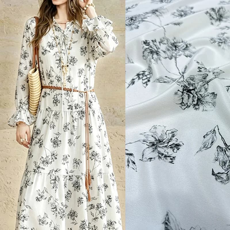 Black Printed Stretch White Silk Crepe de Chine Fabric for DIY Sewing Summer Comfortable Soft Dress Pajamas Silk Fabric FR7023