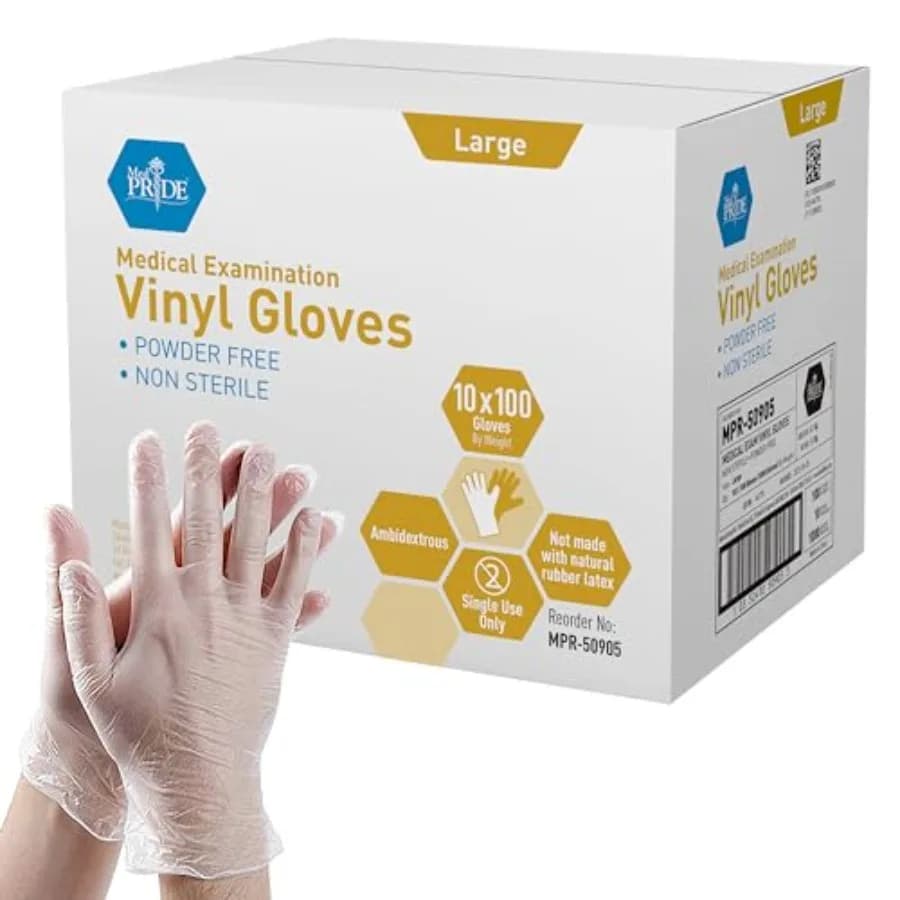 MED PRIDE Guanti Monouso in Vinile per Esame, Senza Lattice e Senza Derma, Ultra-Resistenti, Trasparenti, Taglia Large (Confezione da 000)