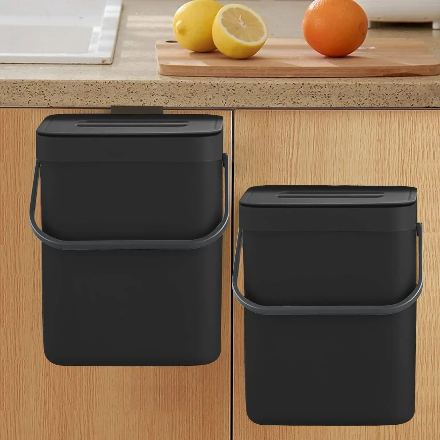 Contenitore per Compost da Bancone con Coperchio, Cestino Sospeso da 1,3 Galloni per Cucina, Anti-Odore, Plastica Senza BPA, Nero