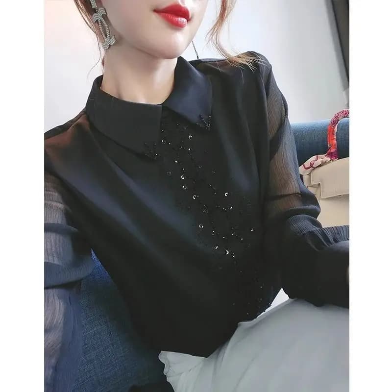 Women's long sleeve shirt spring and autumn top in chiffon 2024 New woman's shirt with versatile shirt with belly cover temperament