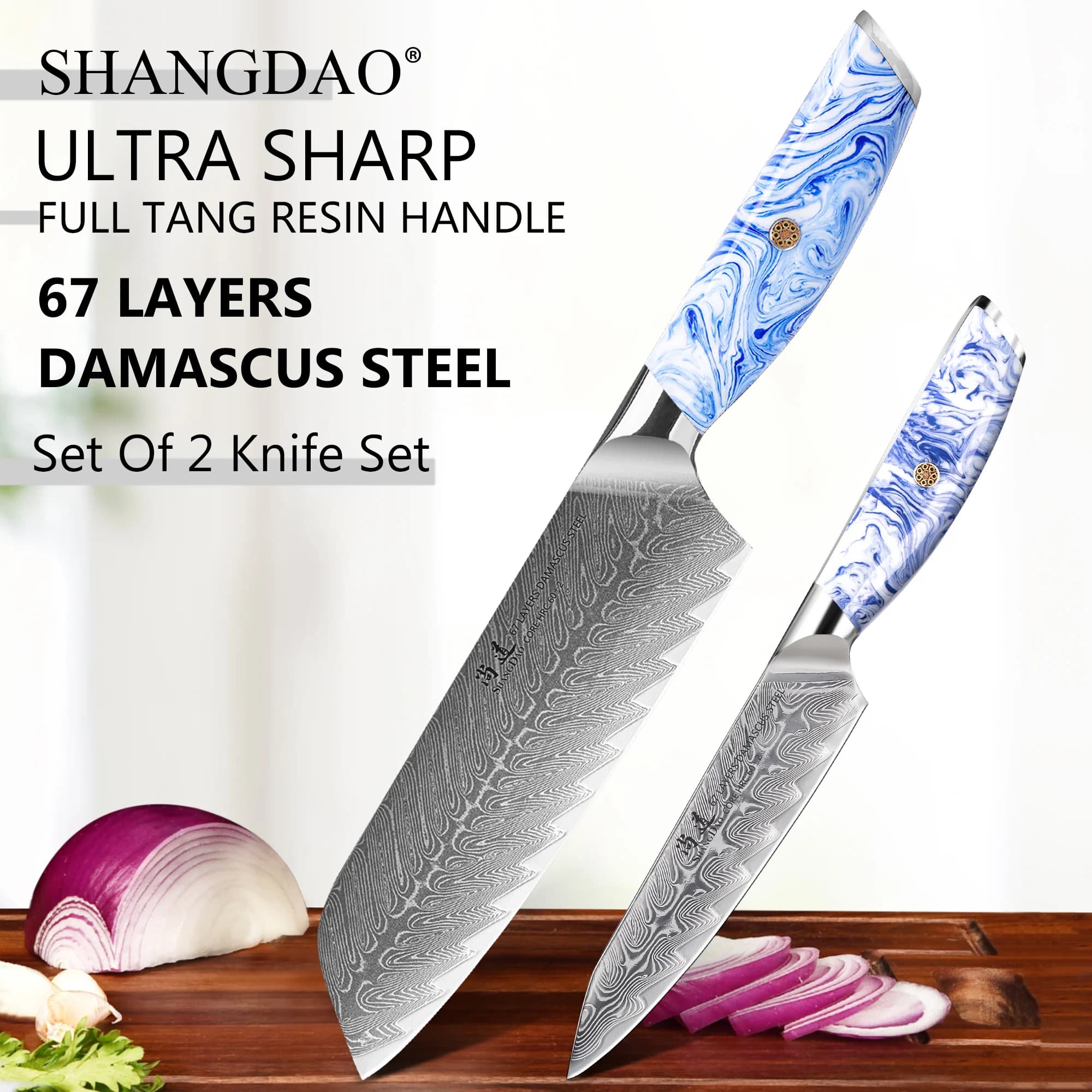 SHANGDAO 67 Layer Damascus Steel Santoku & Utility Knife,High Quality 2pcs Kitchen Knife Set with Resin Handle