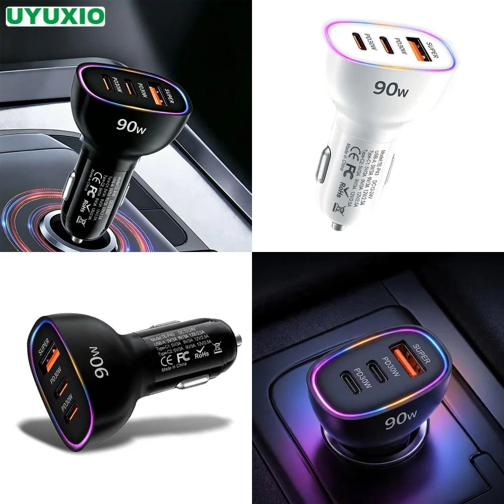 90W Car Charger 3 Port Dual PD 30W Type C USB A 30W Super Fast Charging Adapter PPS QC3.0 SCP RGB LED Light for MacBook Phone