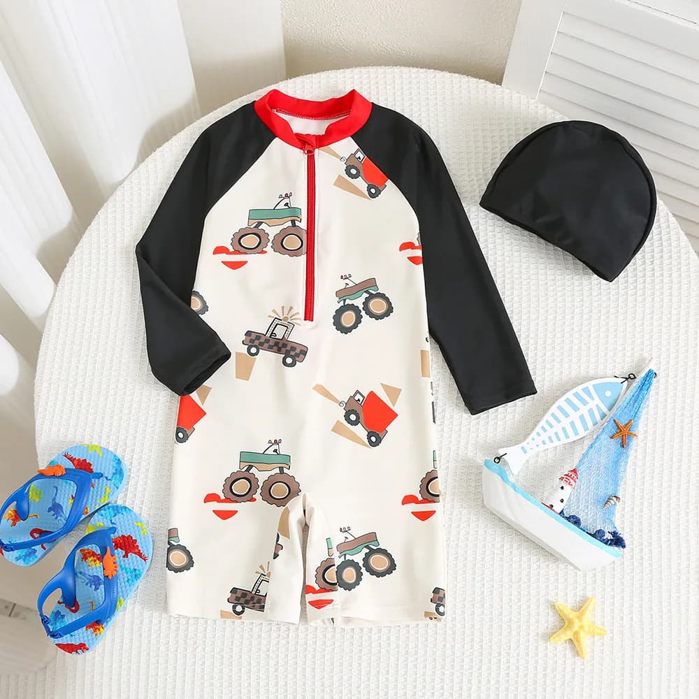 Costume da bagno intero per bambini, costume da bagno per bambini, con stampa di dinosauri, manica lunga, cerniera, protezione solare, costume da bagno ad asciugatura rapida