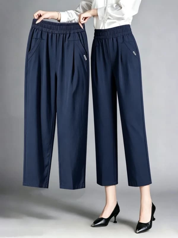 High Waist Ice Silk Thin Summer Casual Pants Women's Loose Straight Leggings Nine Points Mom Pants Casual Style Polyester Fiber