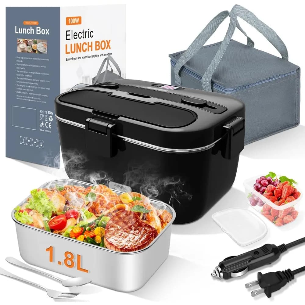 Scaldavivande elettrico portatile per pranzo: riscaldamento rapido da 1,8 litri per auto, lavoro, viaggi - 12/24 V/110-230 V (nero)