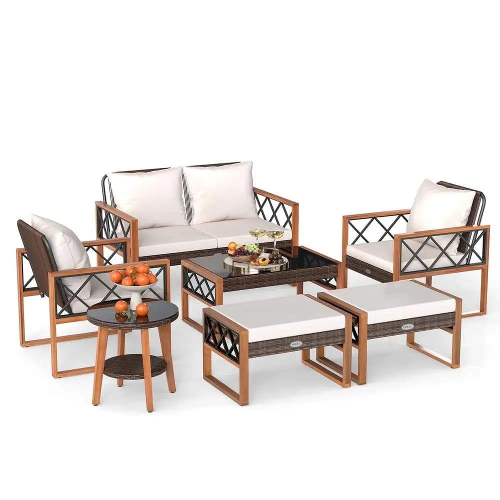 Set da 7 Pezzi per Arredamento da Esterno, Set di Sedie Imbottite in Vimini e Legno di Acacia con Pouf e 2 Tavoli, per Giardino